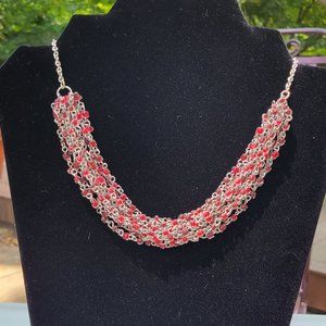Boho Red Beads and Silver Tone Necklace